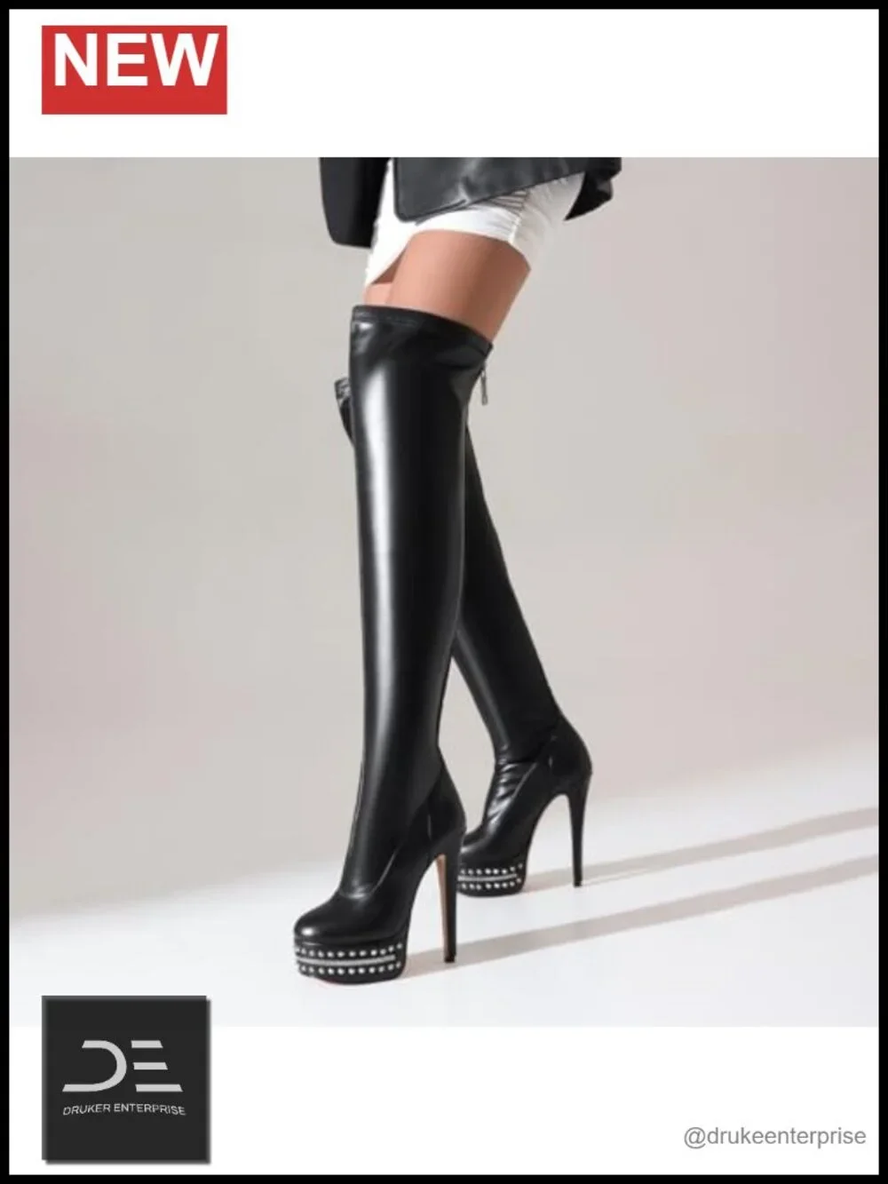 Over Knee Stiletto Platform Boots Faux Leather Studded Zipper Thigh High